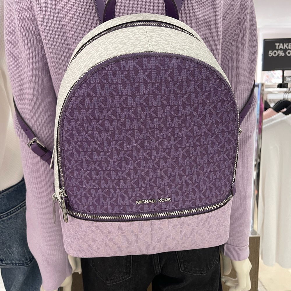 MICHAEL KORS Rhea Medium Zip Color-Block Signature Logo Backpack
Dark Purple MLT - Picture 14 of 16